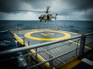 ¿Cuáles son los principales requisitos de seguridad para las plataformas de aterrizaje de helicópteros en alta mar?